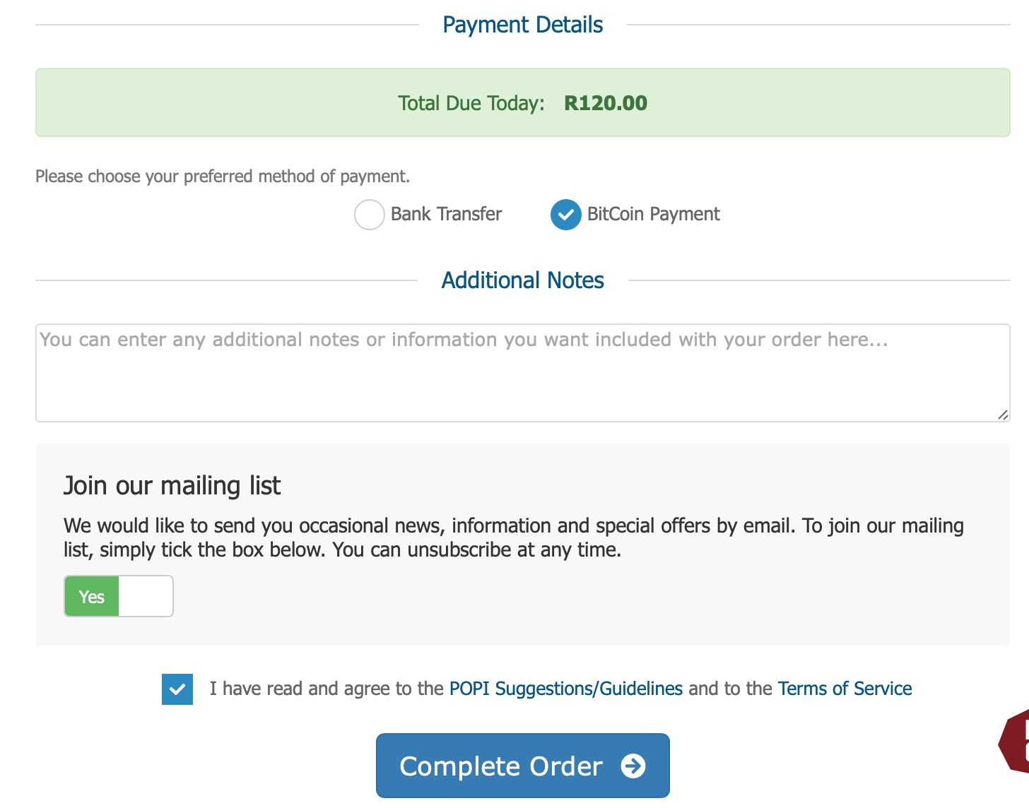 Select BitCoin Payment Option